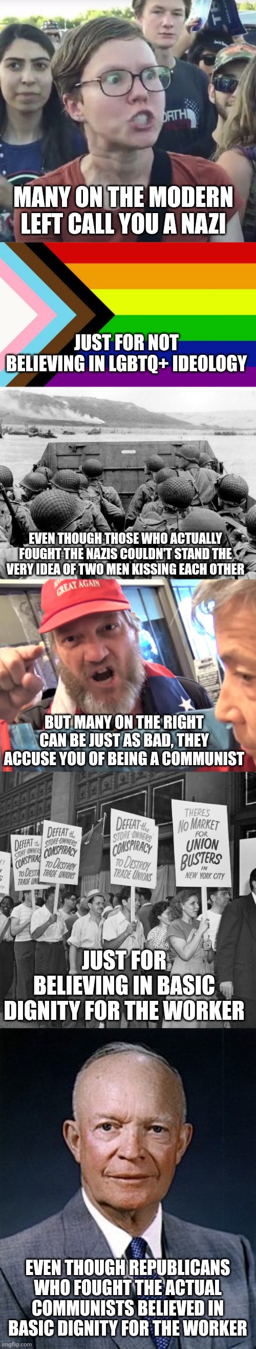 Trump supporters can be just as bad as leftist sjws who call you a nazi | MANY ON THE MODERN LEFT CALL YOU A NAZI; JUST FOR NOT BELIEVING IN LGBTQ+ IDEOLOGY; EVEN THOUGH THOSE WHO ACTUALLY FOUGHT THE NAZIS COULDN'T STAND THE VERY IDEA OF TWO MEN KISSING EACH OTHER; BUT MANY ON THE RIGHT CAN BE JUST AS BAD, THEY ACCUSE YOU OF BEING A COMMUNIST; JUST FOR BELIEVING IN BASIC DIGNITY FOR THE WORKER; EVEN THOUGH REPUBLICANS WHO FOUGHT THE ACTUAL COMMUNISTS BELIEVED IN BASIC DIGNITY FOR THE WORKER | image tagged in liberal logic,republicans,trump supporters,dwight d eisenhower,conservative logic,triggered | made w/ Imgflip meme maker