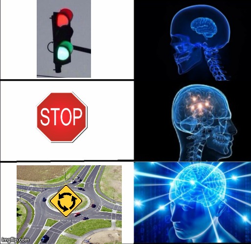 Urban planning IS politics: roundabouts save money, gas and lives | image tagged in galaxy brain 3 brains,traffic | made w/ Imgflip meme maker