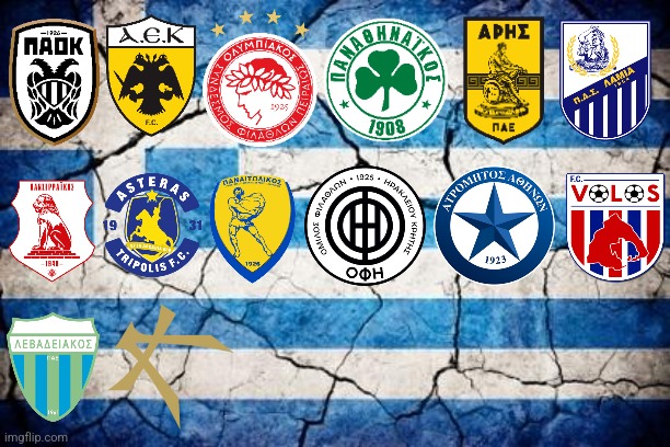 Super League Greece 2024/25 - all 14 clubs | image tagged in paok,aek,olympiakos,panathinaikos,greece,futbol | made w/ Imgflip meme maker
