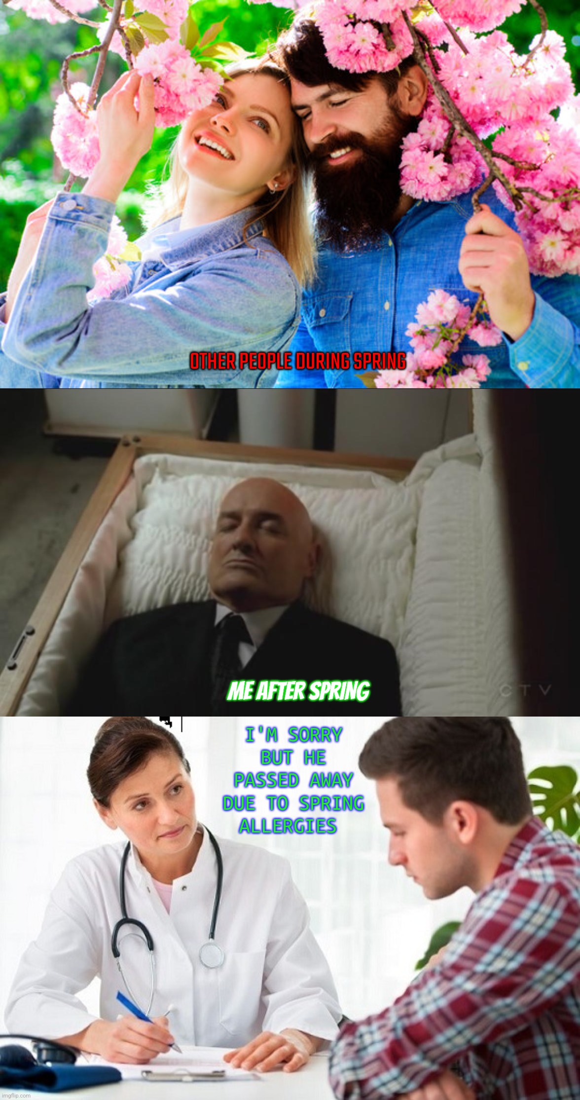 Dead From Allergies | OTHER PEOPLE DURING SPRING; ME AFTER SPRING; I'M SORRY BUT HE PASSED AWAY DUE TO SPRING ALLERGIES | image tagged in memes coffin dead man,doctor and patient,spring allergy,spring,death | made w/ Imgflip meme maker