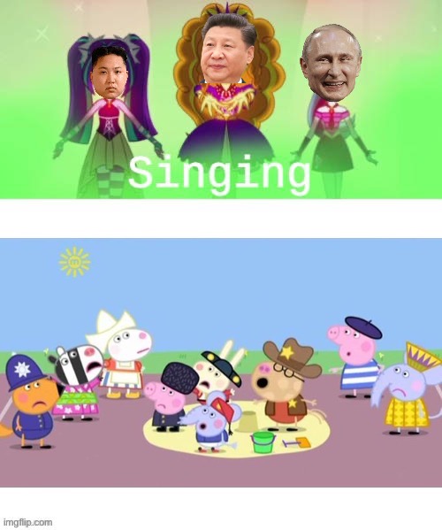 Xi Jinping, Kim Jong Un and Vladimir Putin cause World War III | image tagged in xi jinping,kim jong un,vladimir putin,equestria girls,peppa pig,world war iii | made w/ Imgflip meme maker