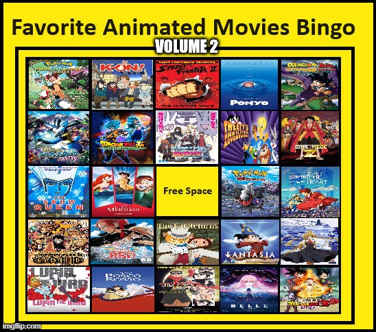 favorite animated movies bingo volume 2 | image tagged in favorite animated movies bingo volume 2,cinema,anime,studio ghibli,movies,classic movies | made w/ Imgflip meme maker