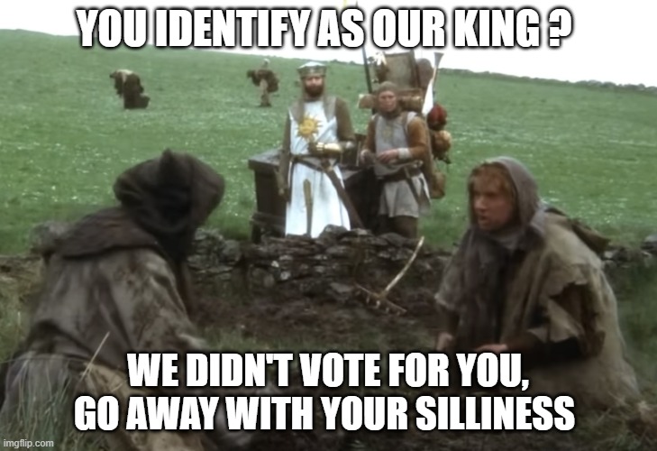 Monty Python Holy Grail | YOU IDENTIFY AS OUR KING ? WE DIDN'T VOTE FOR YOU, GO AWAY WITH YOUR SILLINESS | image tagged in monty python holy grail | made w/ Imgflip meme maker