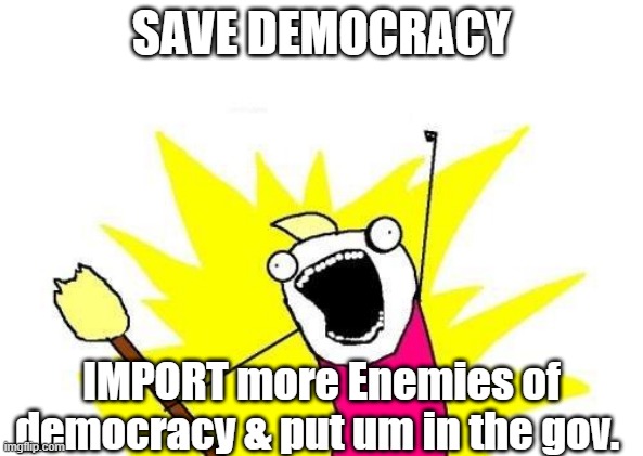 X All The Y | SAVE DEMOCRACY; IMPORT more Enemies of democracy & put um in the gov. | image tagged in memes,x all the y | made w/ Imgflip meme maker