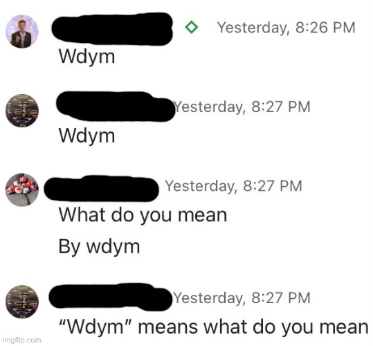 Wdym Wdym? “Wdym” means “what do you mean” | image tagged in confusion,chat,group chats | made w/ Imgflip meme maker