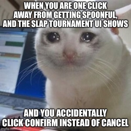 All that progress… it’s gone… | WHEN YOU ARE ONE CLICK AWAY FROM GETTING SPOONFUL, AND THE SLAP TOURNAMENT UI SHOWS; AND YOU ACCIDENTALLY CLICK CONFIRM INSTEAD OF CANCEL | image tagged in crying cat | made w/ Imgflip meme maker