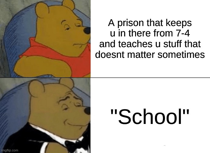 Tuxedo Winnie The Pooh Meme | A prison that keeps u in there from 7-4 and teaches u stuff that doesnt matter sometimes; "School" | image tagged in memes,tuxedo winnie the pooh | made w/ Imgflip meme maker