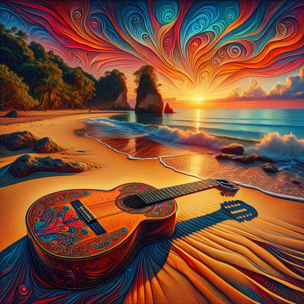 a spanish guitar in a tropical beach at sunset Blank Meme Template