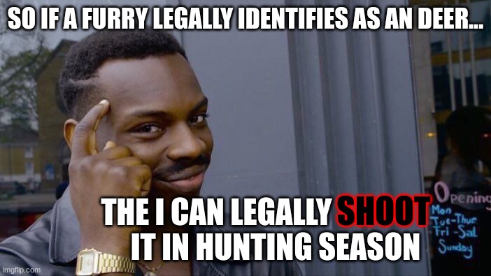 this situation needs to show being a furry is so dang dangerous | SO IF A FURRY LEGALLY IDENTIFIES AS AN DEER... SHOOT; THE I CAN LEGALLY                     IT IN HUNTING SEASON | image tagged in memes,roll safe think about it,furry hunting license,furries | made w/ Imgflip meme maker