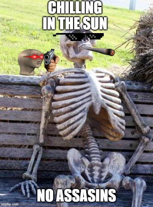 Waiting Skeleton Meme | CHILLING IN THE SUN; NO ASSASINS | image tagged in memes,waiting skeleton | made w/ Imgflip meme maker