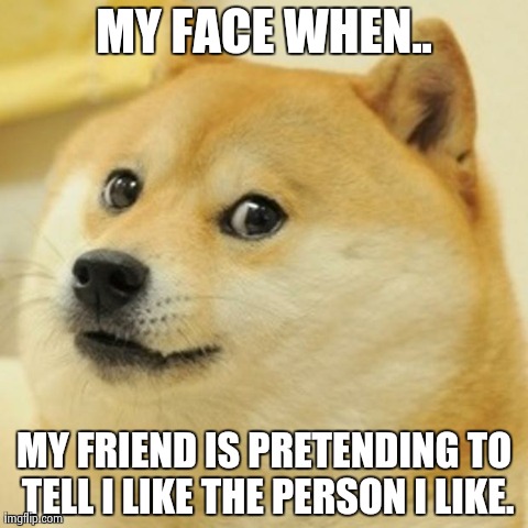 Doge Meme | MY FACE WHEN.. MY FRIEND IS PRETENDING TO TELL I LIKE THE PERSON I LIKE. | image tagged in memes,doge | made w/ Imgflip meme maker