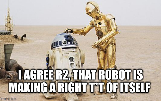 R2D2 & C3PO | I AGREE R2, THAT ROBOT IS MAKING A RIGHT T*T OF ITSELF | image tagged in r2d2 c3po | made w/ Imgflip meme maker