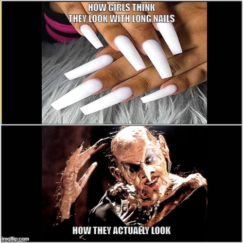 Women with long nails | HOW GIRLS THINK THEY LOOK WITH LONG NAILS; HOW THEY ACTUALLY LOOK | image tagged in long fingernails,girls with long nails,gross long nails | made w/ Imgflip meme maker