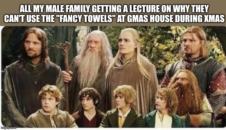 ALL MY MALE FAMILY GETTING A LECTURE ON WHY THEY CAN'T USE THE "FANCY TOWELS" AT GMAS HOUSE DURING XMAS | image tagged in funny memes | made w/ Imgflip meme maker