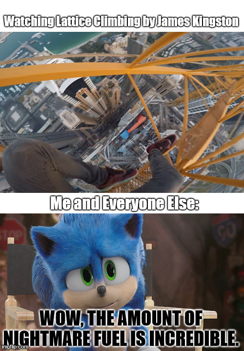 Watching lattice climbing videos | Watching Lattice Climbing by James Kingston; Me and Everyone Else:; WOW, THE AMOUNT OF NIGHTMARE FUEL IS INCREDIBLE. | image tagged in sonic lattice climbing,sonic the hegehog,lattice climbing,james kingston,daredevil,meme | made w/ Imgflip meme maker