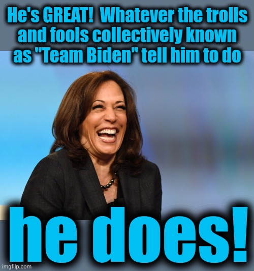 Kamala Harris laughing | He's GREAT!  Whatever the trolls
and fools collectively known
as "Team Biden" tell him to do he does! | image tagged in kamala harris laughing | made w/ Imgflip meme maker