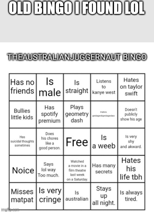 OLD BINGO I FOUND LOL | image tagged in theaustralianjuggernaut bingo | made w/ Imgflip meme maker