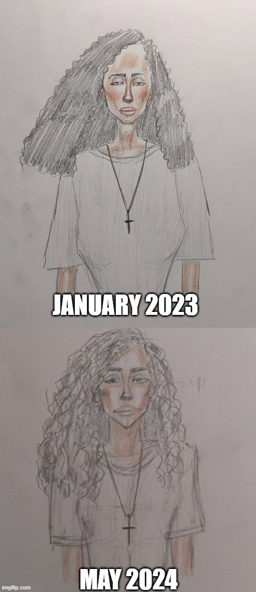 1 Year Art Improvement "Saudi Christian Girl" | JANUARY 2023; MAY 2024 | image tagged in drawings,color,coloredpencils,girl,saudi girl,sketch | made w/ Imgflip meme maker
