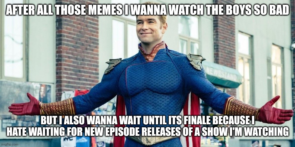 seems like a good watch but idk, i watched breaking bad because of the memes and i loved it | AFTER ALL THOSE MEMES I WANNA WATCH THE BOYS SO BAD; BUT I ALSO WANNA WAIT UNTIL ITS FINALE BECAUSE I HATE WAITING FOR NEW EPISODE RELEASES OF A SHOW I'M WATCHING | image tagged in you guys are the real heroes | made w/ Imgflip meme maker