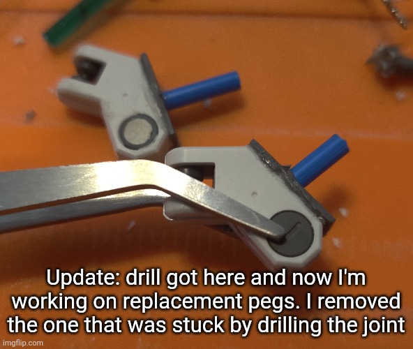 Update: drill got here and now I'm working on replacement pegs. I removed the one that was stuck by drilling the joint | made w/ Imgflip meme maker