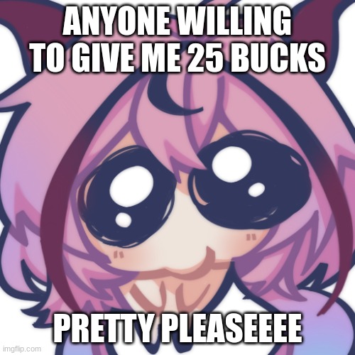I need to fuel my mla addiction (I am suffering from FOMO rn) | ANYONE WILLING TO GIVE ME 25 BUCKS; PRETTY PLEASEEEE | image tagged in meika plead | made w/ Imgflip meme maker