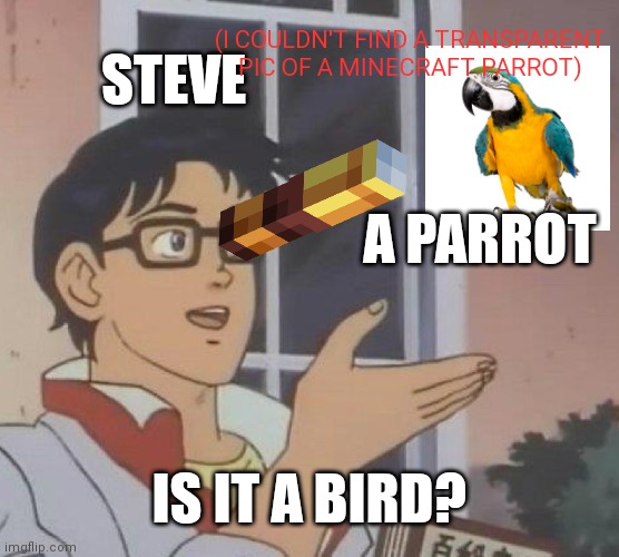 MINECRAFT ACHIEVEMENT MEME#1 | (I COULDN'T FIND A TRANSPARENT PIC OF A MINECRAFT PARROT); STEVE; A PARROT; IS IT A BIRD? | image tagged in memes,is this a pigeon | made w/ Imgflip meme maker