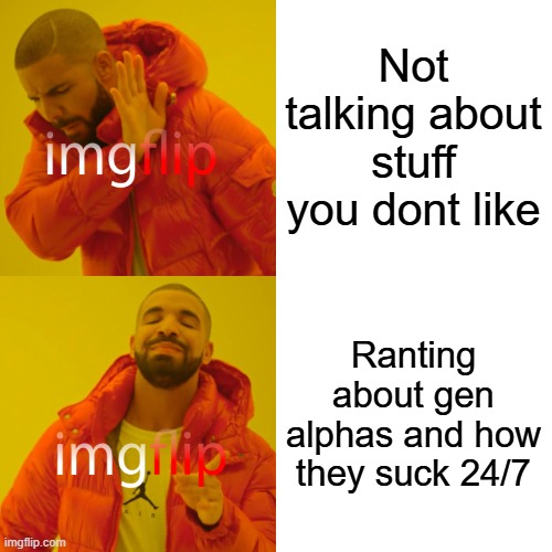 Drake Hotline Bling Meme | Not talking about stuff you dont like Ranting about gen alphas and how they suck 24/7 | image tagged in memes,drake hotline bling | made w/ Imgflip meme maker