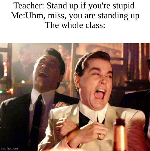 teachers, never stand up when you say this | Teacher: Stand up if you're stupid 
Me:Uhm, miss, you are standing up
The whole class: | image tagged in memes,good fellas hilarious | made w/ Imgflip meme maker