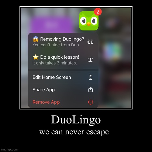 DuoLingo | we can never escape | image tagged in funny,demotivationals | made w/ Imgflip demotivational maker