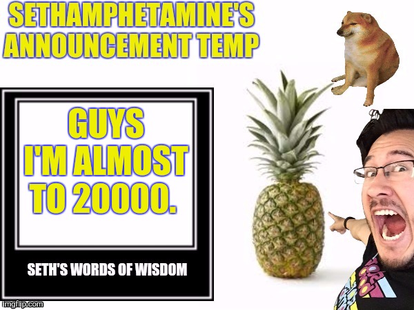 Seth's announcement temp | GUYS I'M ALMOST TO 20000. | image tagged in seth's announcement temp | made w/ Imgflip meme maker