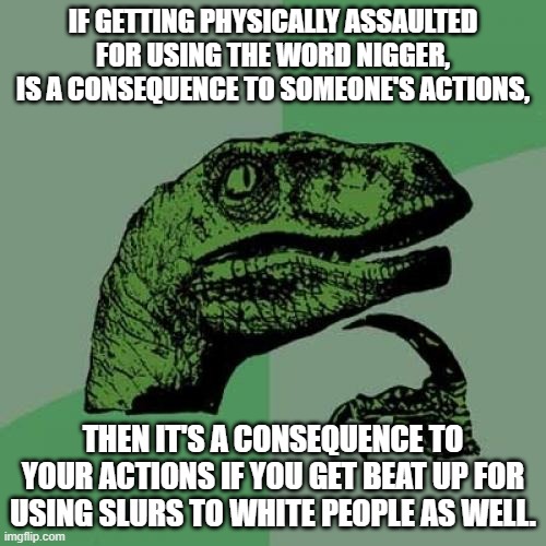 its not a racist slur, its discussing a racist slur. know the difference. | IF GETTING PHYSICALLY ASSAULTED FOR USING THE WORD NIGGER, IS A CONSEQUENCE TO SOMEONE'S ACTIONS, THEN IT'S A CONSEQUENCE TO YOUR ACTIONS IF YOU GET BEAT UP FOR USING SLURS TO WHITE PEOPLE AS WELL. | image tagged in memes,philosoraptor | made w/ Imgflip meme maker