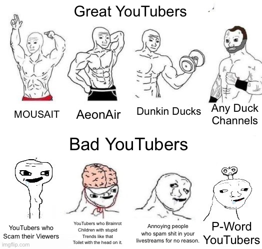 :) | Great YouTubers; Any Duck Channels; MOUSAIT; Dunkin Ducks; AeonAir; Bad YouTubers; P-Word YouTubers; Annoying people who spam shit in your livestreams for no reason. YouTubers who Scam their Viewers; YouTubers who Brainrot Children with stupid Trends like that Toilet with the head on it. | image tagged in x in the past vs x now | made w/ Imgflip meme maker