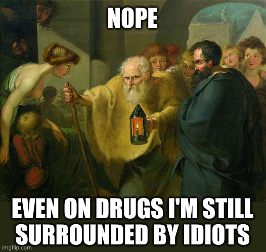 Diogenes Searching for an Honest Man | NOPE EVEN ON DRUGS I'M STILL
SURROUNDED BY IDIOTS | image tagged in diogenes searching for an honest man | made w/ Imgflip meme maker