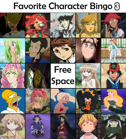 favorite character bingo 3 | 3 | image tagged in favorite charecter bingo,numbers,anime,cartoons,video games,movies | made w/ Imgflip meme maker