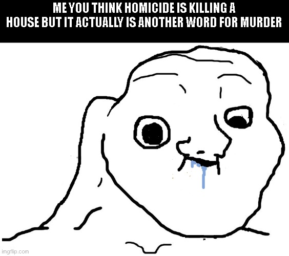 only the -2 IQ people | ME YOU THINK HOMICIDE IS KILLING A HOUSE BUT IT ACTUALLY IS ANOTHER WORD FOR MURDER | image tagged in brainlet stupid,memes | made w/ Imgflip meme maker