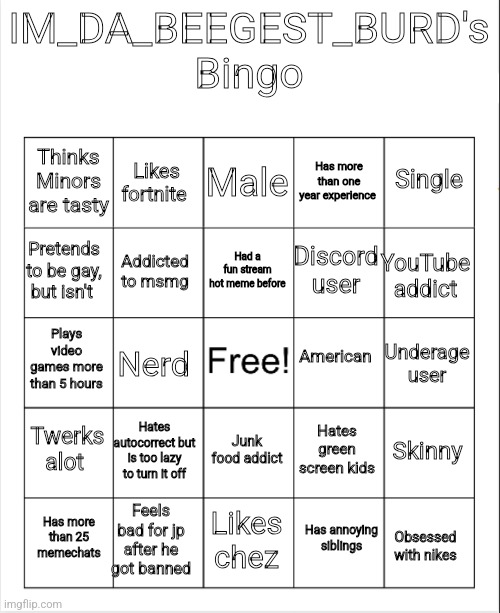 Blank Bingo | IM_DA_BEEGEST_BURD's Bingo; Male; Likes fortnite; Single; Thinks Minors are tasty; Has more than one year experience; Had a fun stream hot meme before; Pretends to be gay, but isn't; Discord user; YouTube addict; Addicted to msmg; American; Plays video games more than 5 hours; Underage user; Nerd; Twerks alot; Hates autocorrect but is too lazy to turn it off; Skinny; Hates green screen kids; Junk food addict; Feels bad for jp after he got banned; Has more than 25 memechats; Likes chez; Has annoying siblings; Obsessed with nikes | image tagged in blank bingo | made w/ Imgflip meme maker