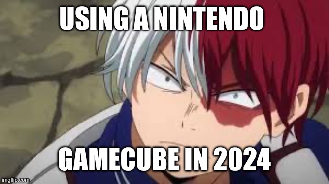 Angry todoroki | USING A NINTENDO; GAMECUBE IN 2024 | image tagged in angry todoroki | made w/ Imgflip meme maker