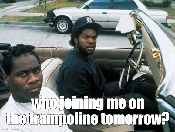 idk man | who joining me on the trampoline tomorrow? | image tagged in ice cube in the hood | made w/ Imgflip meme maker