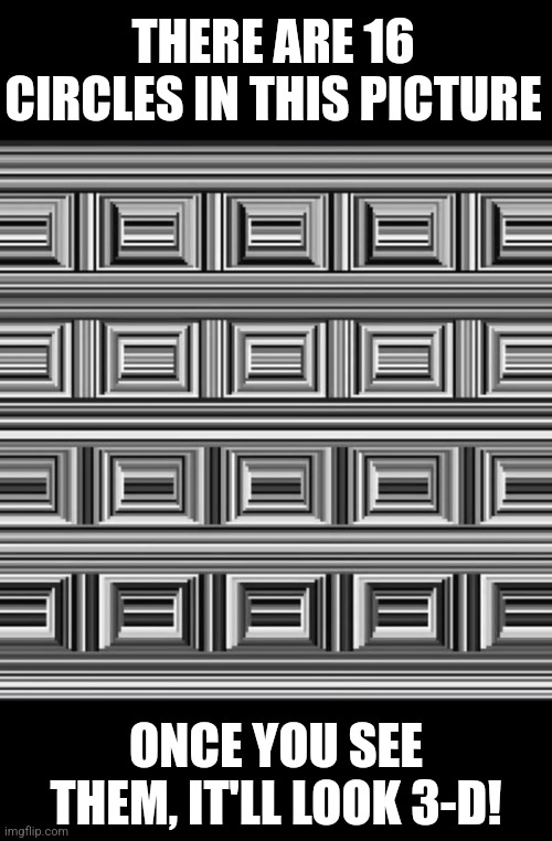 The Coffer Illusion | THERE ARE 16 CIRCLES IN THIS PICTURE; ONCE YOU SEE THEM, IT'LL LOOK 3-D! | image tagged in optical illusion,black and white,square,circle,3d | made w/ Imgflip meme maker