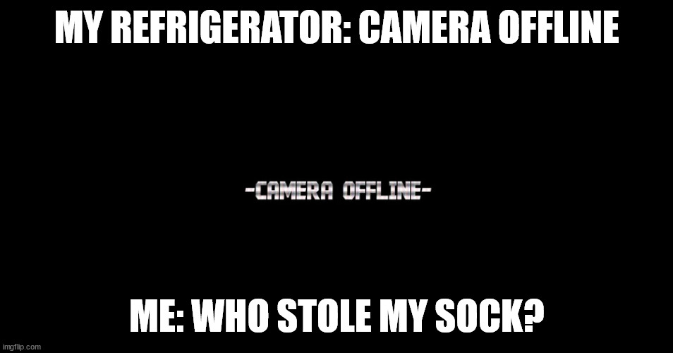 I took the wierdest shit from my brain and this came out of AI. | MY REFRIGERATOR: CAMERA OFFLINE; ME: WHO STOLE MY SOCK? | image tagged in -camera offline- | made w/ Imgflip meme maker