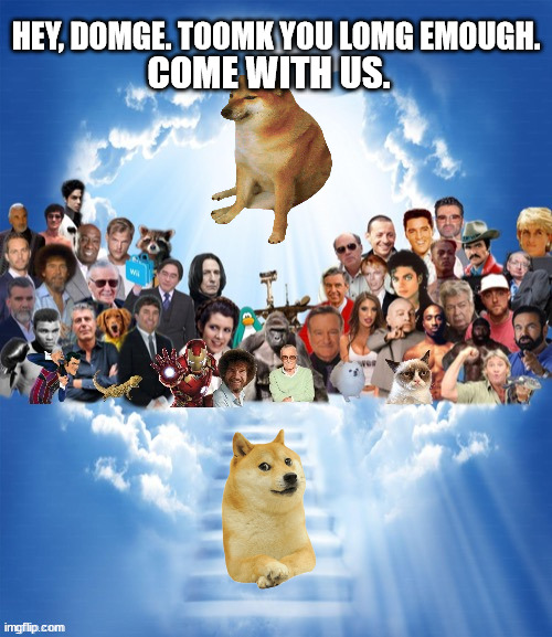 Rest in peace, Kabosu. | HEY, DOMGE. TOOMK YOU LOMG EMOUGH. COME WITH US. | image tagged in come join us x | made w/ Imgflip meme maker
