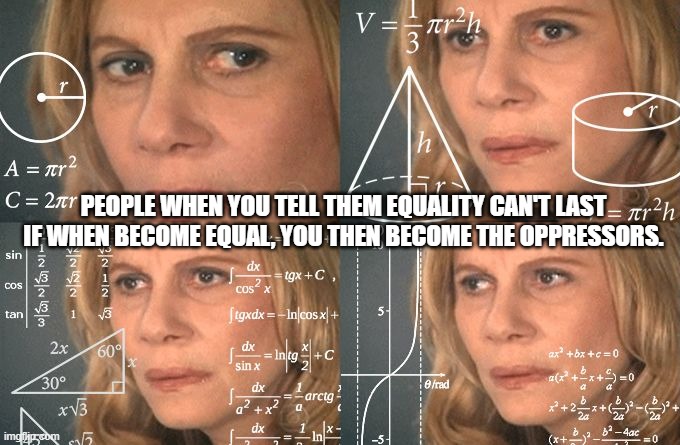 its not about equality anymore. | PEOPLE WHEN YOU TELL THEM EQUALITY CAN'T LAST IF WHEN BECOME EQUAL, YOU THEN BECOME THE OPPRESSORS. | image tagged in calculating meme | made w/ Imgflip meme maker
