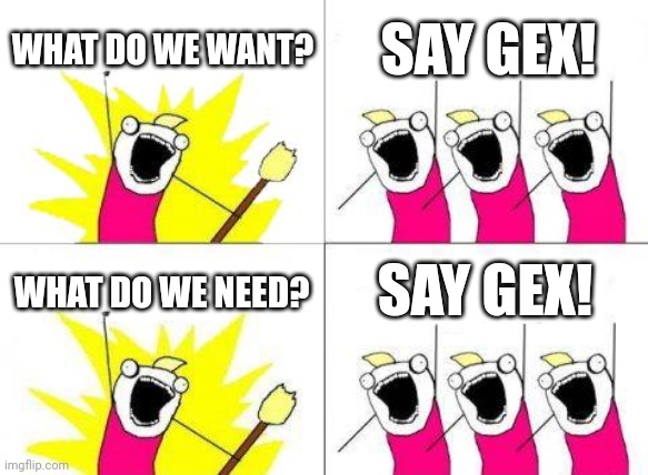 What Do We Want | WHAT DO WE WANT? SAY GEX! SAY GEX! WHAT DO WE NEED? | image tagged in memes,what do we want | made w/ Imgflip meme maker
