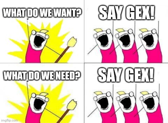 What Do We Want Meme | WHAT DO WE WANT? SAY GEX! SAY GEX! WHAT DO WE NEED? | image tagged in memes,what do we want | made w/ Imgflip meme maker