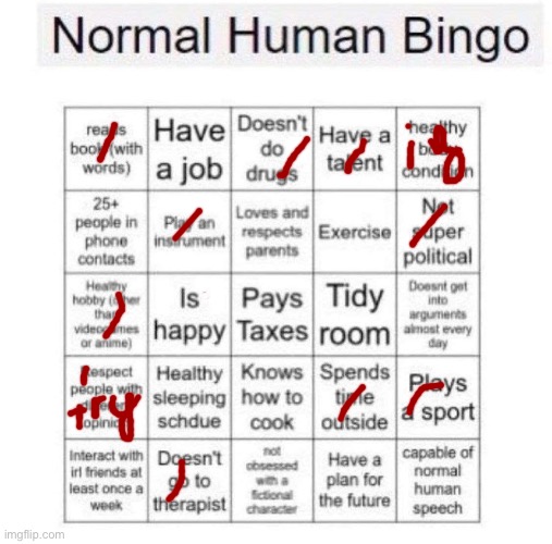 Normal human bingo | image tagged in normal human bingo | made w/ Imgflip meme maker