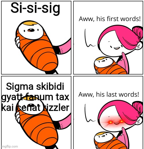 Aww, His Last Words | Si-si-sig; Sigma skibidi gyatt fanum tax kai cenat rizzler | image tagged in aww his last words | made w/ Imgflip meme maker