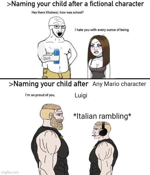 naming your child after x | Any Mario character; Luigi; *Italian rambling* | image tagged in naming your child after x | made w/ Imgflip meme maker