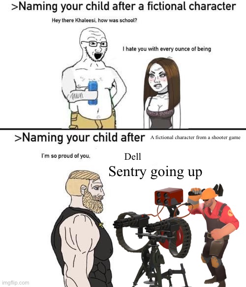 Yeah I like engi more than scout | A fictional character from a shooter game; Dell; Sentry going up | image tagged in naming your child after x | made w/ Imgflip meme maker