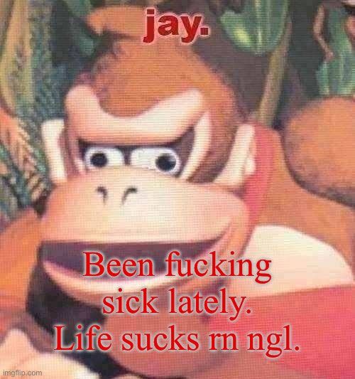 jay. announcement temp | Been fucking sick lately. Life sucks rn ngl. | image tagged in jay announcement temp | made w/ Imgflip meme maker