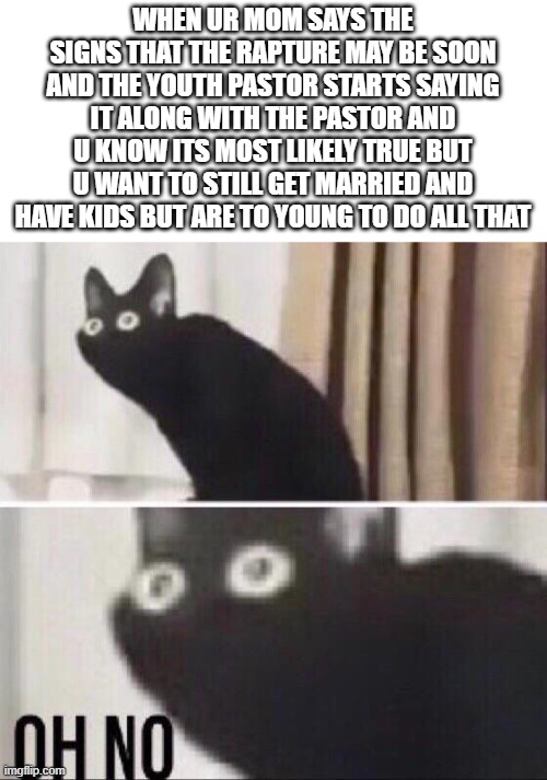 Facts | WHEN UR MOM SAYS THE SIGNS THAT THE RAPTURE MAY BE SOON AND THE YOUTH PASTOR STARTS SAYING IT ALONG WITH THE PASTOR AND U KNOW ITS MOST LIKELY TRUE BUT U WANT TO STILL GET MARRIED AND HAVE KIDS BUT ARE TO YOUNG TO DO ALL THAT | image tagged in oh no cat,watch out jesus is coming very soon,the last days are here,jesus loves me | made w/ Imgflip meme maker